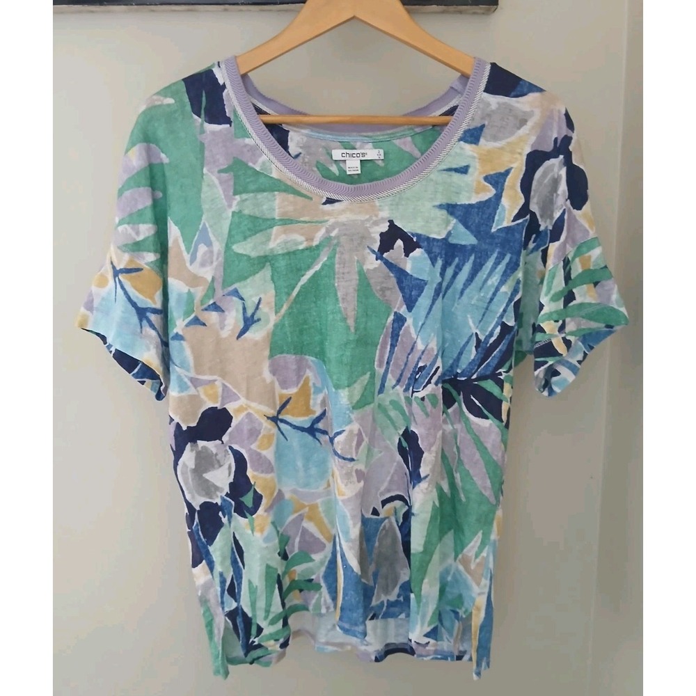 Chico's Tropical Nights Sweater Trim Linen Tee Blouse Size 2 Large S/S Beach